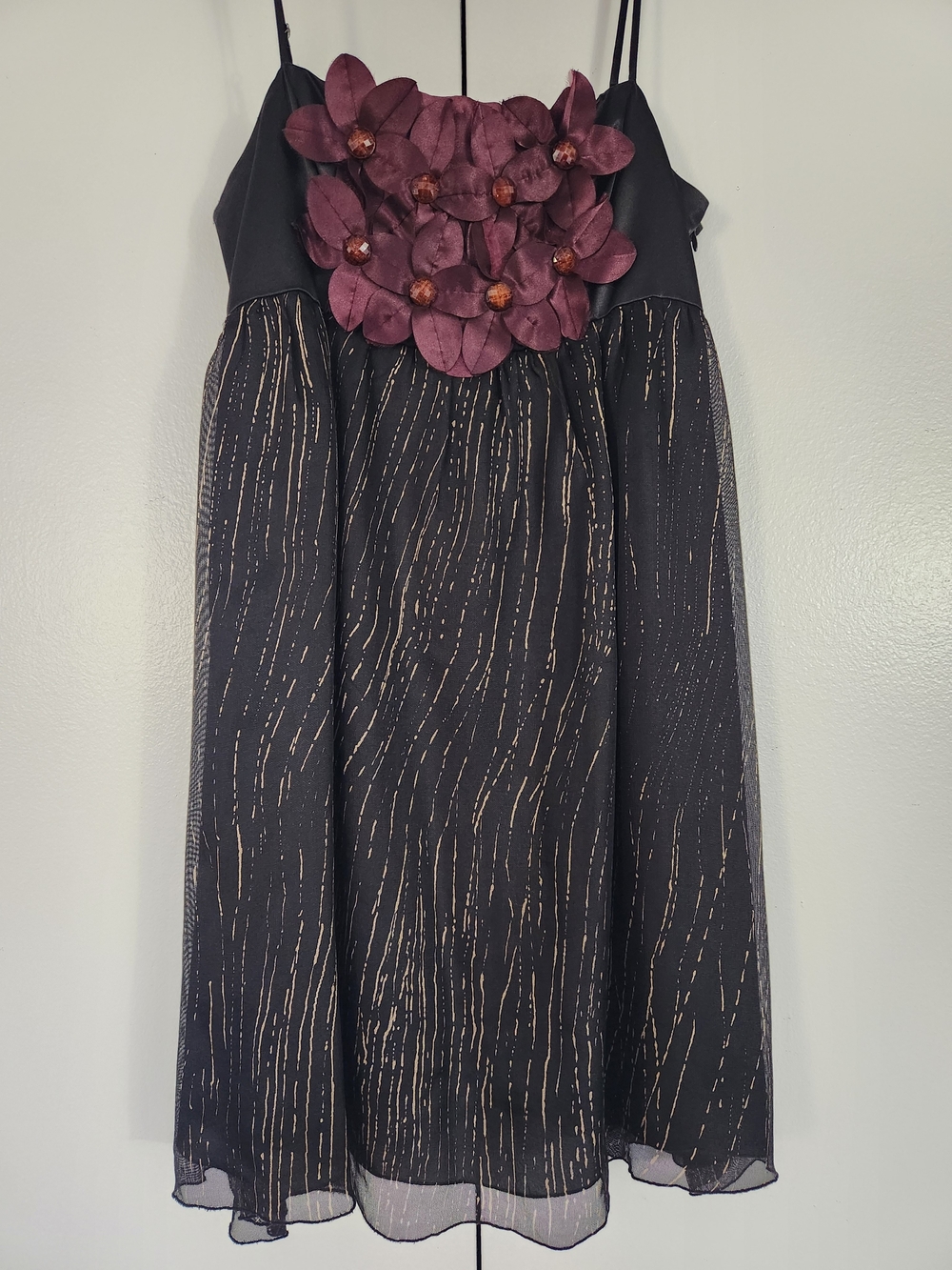 Black Midi Dress with Plum Floral Appliqué